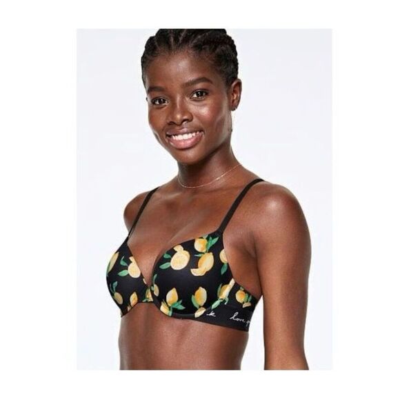 PINK Victoria's Secret wear everywhere push up Bra Black with Lemons Size 36C N - Picture 1 of 9